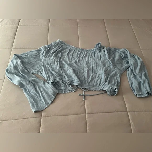 Blue Life Light Blue Ruched Tie Front Crop Blouse - Picture 3 of 6